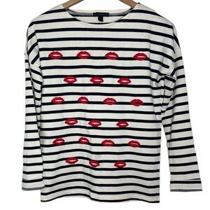 J. Crew Ivory Black Striped Long Sleeve embroidered Red Lips Design size XS